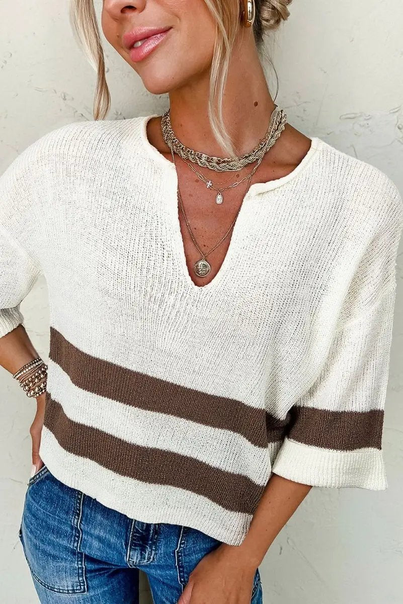 Brown Striped Accent Notched V Neck Cropped Sweater T Shirt - Love Salve
